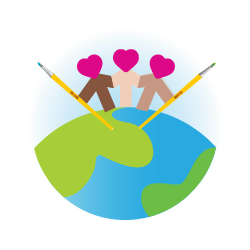 An illustration of a half globe with 3 stick figures holding hands and have hearts instead of a head. The 3 figures are in be