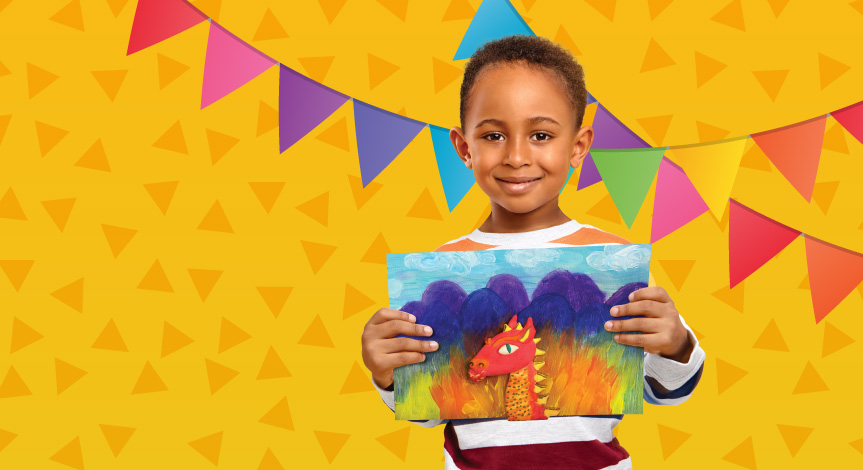 Boy holding a canvas with a painting of a red dragon on it.  There is a yellow background with triangles on the background