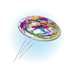 An illustration of a Frisbee flying with colored paint on the top of the frisbee. 